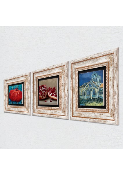Van Gogh Auvers'deki Kilise, Nar Taş Duvar Tablosu Çerçeveli Duvar Dekoru 3 Parça Tablo Seti Wall Art T3-841 fiyatları