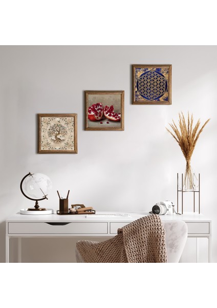 Yaşam Çiçeği, Hayat Ağacı, Nar Taş Duvar Tablosu Ahşap Çerçeveli Duvar Dekoru 3 Parça Tablo Seti Wall Art W3-923