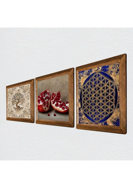 Yaşam Çiçeği, Hayat Ağacı, Nar Taş Duvar Tablosu Ahşap Çerçeveli Duvar Dekoru 3 Parça Tablo Seti Wall Art W3-923