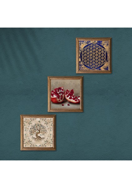 Yaşam Çiçeği, Hayat Ağacı, Nar Taş Duvar Tablosu Ahşap Çerçeveli Duvar Dekoru 3 Parça Tablo Seti Wall Art W3-923