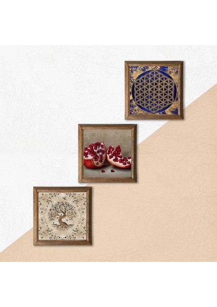 Yaşam Çiçeği, Hayat Ağacı, Nar Taş Duvar Tablosu Ahşap Çerçeveli Duvar Dekoru 3 Parça Tablo Seti Wall Art W3-923