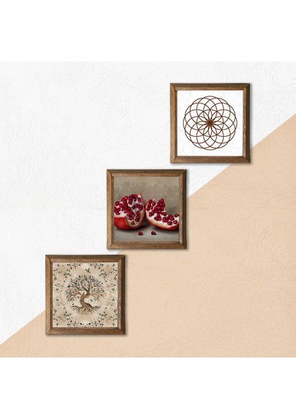 Yaşam Çiçeği, Hayat Ağacı, Nar Taş Duvar Tablosu Ahşap Çerçeveli Duvar Dekoru 3 Parça Tablo Seti Wall Art W3-926