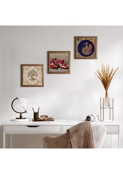 Tavus Kuşu, Hayat Ağacı, Nar Taş Duvar Tablosu Ahşap Çerçeveli Duvar Dekoru 3 Parça Tablo Seti Wall Art W3-932