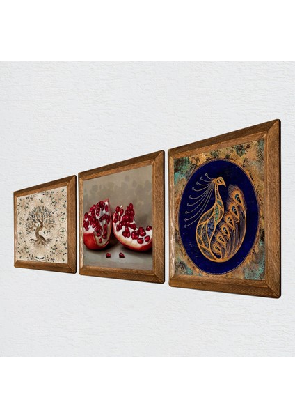 Tavus Kuşu, Hayat Ağacı, Nar Taş Duvar Tablosu Ahşap Çerçeveli Duvar Dekoru 3 Parça Tablo Seti Wall Art W3-932
