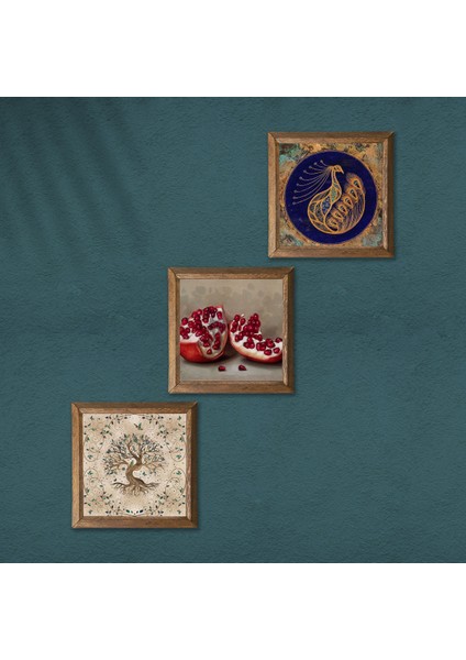 Tavus Kuşu, Hayat Ağacı, Nar Taş Duvar Tablosu Ahşap Çerçeveli Duvar Dekoru 3 Parça Tablo Seti Wall Art W3-932