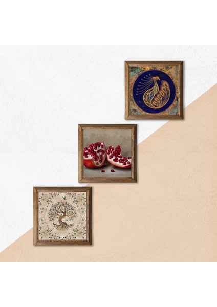 Tavus Kuşu, Hayat Ağacı, Nar Taş Duvar Tablosu Ahşap Çerçeveli Duvar Dekoru 3 Parça Tablo Seti Wall Art W3-932