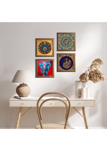 Mandala, Fil, Tavus Kuşu, Nazar Ahşap Çerçeveli Taş Duvar Tablosu 4’lü Set – 25x25 cm Dekoratif Modern Sanat – Ev ve Ofis Dekoru |W4-340|