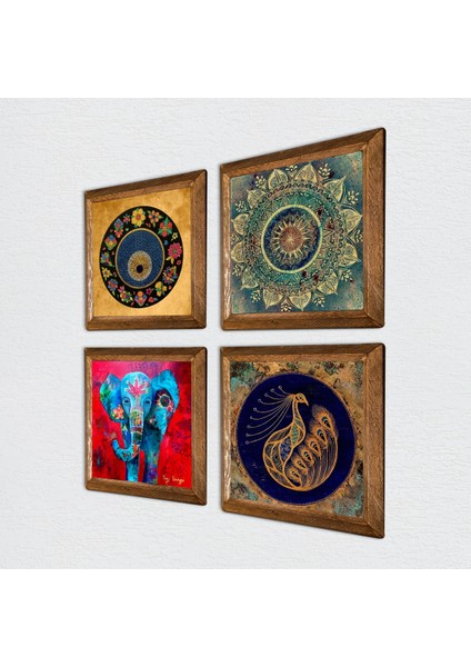 Mandala, Fil, Tavus Kuşu, Nazar Ahşap Çerçeveli Taş Duvar Tablosu 4’lü Set – 25x25 cm Dekoratif Modern Sanat – Ev ve Ofis Dekoru |W4-340| fiyatları