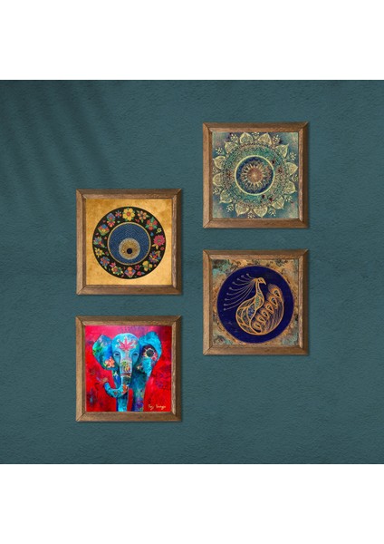 Mandala, Fil, Tavus Kuşu, Nazar Ahşap Çerçeveli Taş Duvar Tablosu 4’lü Set – 25x25 cm Dekoratif Modern Sanat – Ev ve Ofis Dekoru |W4-340| modelleri