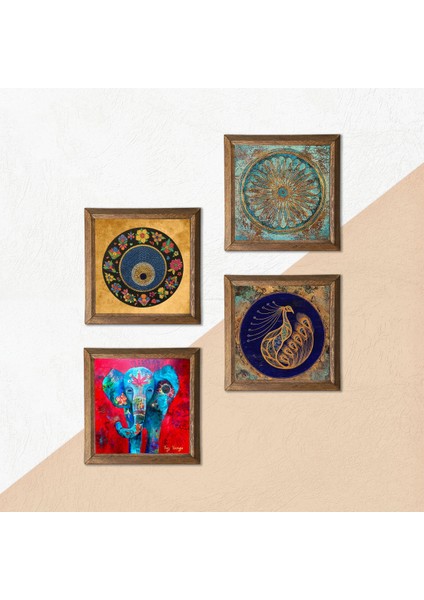 Mandala, Fil, Tavus Kuşu, Nazar Ahşap Çerçeveli Taş Duvar Tablosu 4’lü Set – 25x25 cm Dekoratif Modern Sanat – Ev ve Ofis Dekoru |W4-340| indirimleri