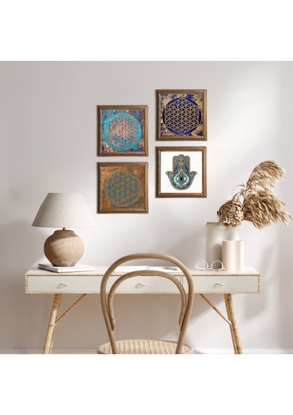 Stone Yaşam Çiçeği, Fatma Ana Eli (Hamsa) Ahşap Çerçeveli Taş Duvar Tablosu 4’lü Set – 25x25 cm Dekoratif Modern Sanat – Ev ve Ofis Dekoru |W4-416|