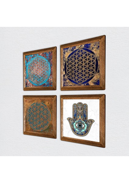Stone Yaşam Çiçeği, Fatma Ana Eli (Hamsa) Ahşap Çerçeveli Taş Duvar Tablosu 4’lü Set – 25x25 cm Dekoratif Modern Sanat – Ev ve Ofis Dekoru |W4-416| fiyatları