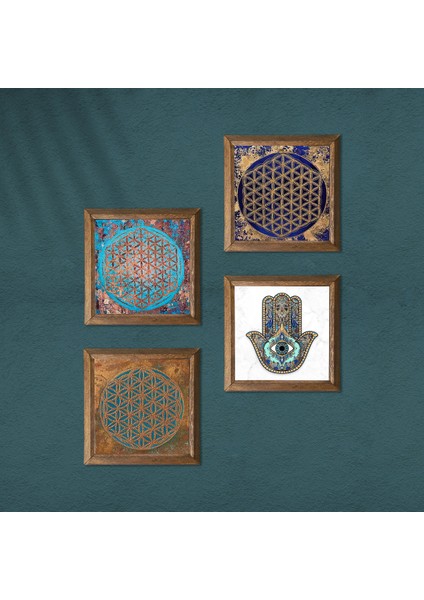 Stone Yaşam Çiçeği, Fatma Ana Eli (Hamsa) Ahşap Çerçeveli Taş Duvar Tablosu 4’lü Set – 25x25 cm Dekoratif Modern Sanat – Ev ve Ofis Dekoru |W4-416| modelleri