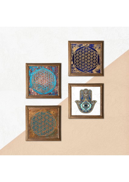 Stone Yaşam Çiçeği, Fatma Ana Eli (Hamsa) Ahşap Çerçeveli Taş Duvar Tablosu 4’lü Set – 25x25 cm Dekoratif Modern Sanat – Ev ve Ofis Dekoru |W4-416| indirimleri