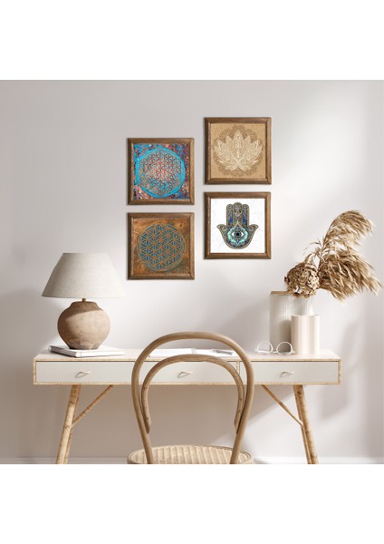Stone Yaşam Çiçeği, Lotus Çiçeği, Fatma Ana Eli (Hamsa) Ahşap Çerçeveli Taş Duvar Tablosu 4’lü Set – 25x25 cm Dekoratif Modern Sanat – Ev ve Ofis Dekoru |W4-421|