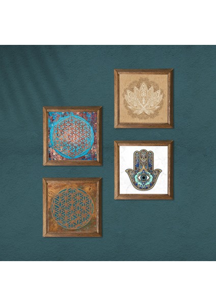 Stone Yaşam Çiçeği, Lotus Çiçeği, Fatma Ana Eli (Hamsa) Ahşap Çerçeveli Taş Duvar Tablosu 4’lü Set – 25x25 cm Dekoratif Modern Sanat – Ev ve Ofis Dekoru |W4-421| modelleri