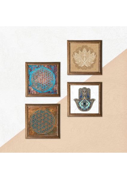 Stone Yaşam Çiçeği, Lotus Çiçeği, Fatma Ana Eli (Hamsa) Ahşap Çerçeveli Taş Duvar Tablosu 4’lü Set – 25x25 cm Dekoratif Modern Sanat – Ev ve Ofis Dekoru |W4-421| indirimleri