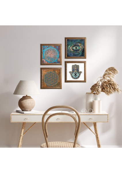 Stone Nazar, Yaşam Çiçeği, Fatma Ana Eli (Hamsa) Ahşap Çerçeveli Taş Duvar Tablosu 4’lü Set – 25x25 cm Dekoratif Modern Sanat – Ev ve Ofis Dekoru |W4-430|