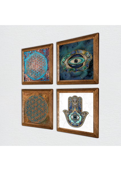 Stone Nazar, Yaşam Çiçeği, Fatma Ana Eli (Hamsa) Ahşap Çerçeveli Taş Duvar Tablosu 4’lü Set – 25x25 cm Dekoratif Modern Sanat – Ev ve Ofis Dekoru |W4-430| fiyatları