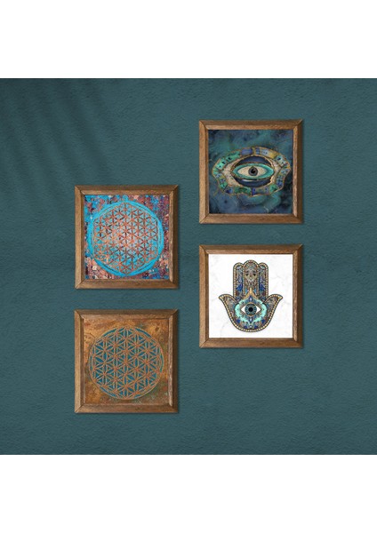 Stone Nazar, Yaşam Çiçeği, Fatma Ana Eli (Hamsa) Ahşap Çerçeveli Taş Duvar Tablosu 4’lü Set – 25x25 cm Dekoratif Modern Sanat – Ev ve Ofis Dekoru |W4-430| modelleri