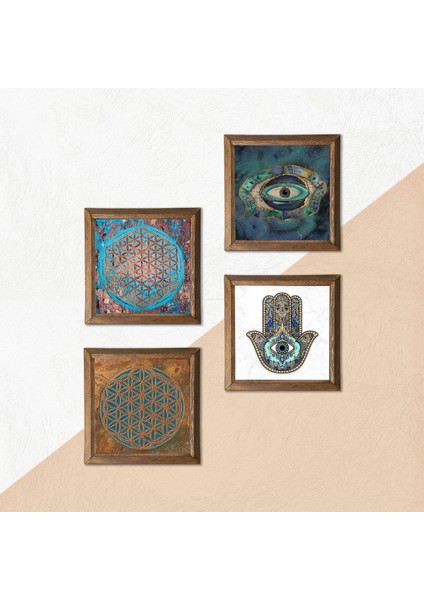 Stone Nazar, Yaşam Çiçeği, Fatma Ana Eli (Hamsa) Ahşap Çerçeveli Taş Duvar Tablosu 4’lü Set – 25x25 cm Dekoratif Modern Sanat – Ev ve Ofis Dekoru |W4-430| indirimleri
