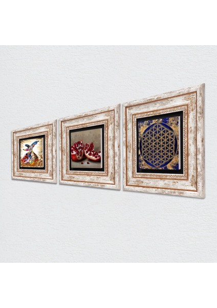 Yaşam Çiçeği, Semazen, Nar Taş Duvar Tablosu Çerçeveli Duvar Dekoru 3 Parça Tablo Seti Wall Art T3-331