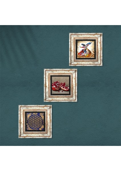 Yaşam Çiçeği, Semazen, Nar Taş Duvar Tablosu Çerçeveli Duvar Dekoru 3 Parça Tablo Seti Wall Art T3-331
