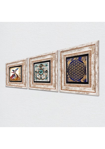 Yaşam Çiçeği, Çini Sanatı, Semazen Taş Duvar Tablosu Çerçeveli Duvar Dekoru 3 Parça Tablo Seti Wall Art T3-332
