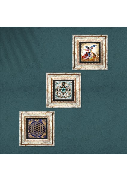 Yaşam Çiçeği, Çini Sanatı, Semazen Taş Duvar Tablosu Çerçeveli Duvar Dekoru 3 Parça Tablo Seti Wall Art T3-332