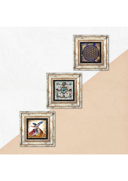Yaşam Çiçeği, Çini Sanatı, Semazen Taş Duvar Tablosu Çerçeveli Duvar Dekoru 3 Parça Tablo Seti Wall Art T3-332