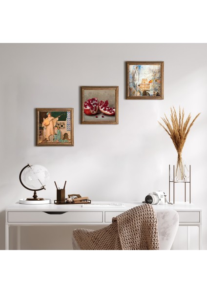 Stone Salvador Dalí Amerika’nın Keşfi, İki Müzisyen Kız, Nar Ahşap Çerçeveli Taş Duvar Tablosu 3’lü Set – 25x25 cm Dekoratif Modern Sanat – Ev ve Ofis Dekoru |W3-1518|