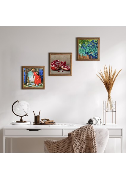Van Gogh İrisler, Kaplumbağa Terbiyecisi, Nar Taş Duvar Tablosu Ahşap Çerçeveli Duvar Dekoru 3 Parça Tablo Seti Wall Art W3-1530