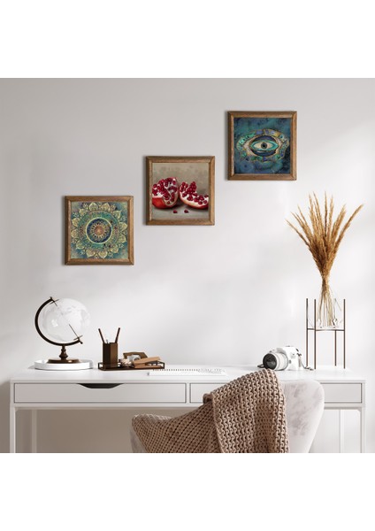 Mandala, Nazar, Nar Taş Duvar Tablosu Ahşap Çerçeveli Duvar Dekoru 3 Parça Tablo Seti Wall Art W3-1683