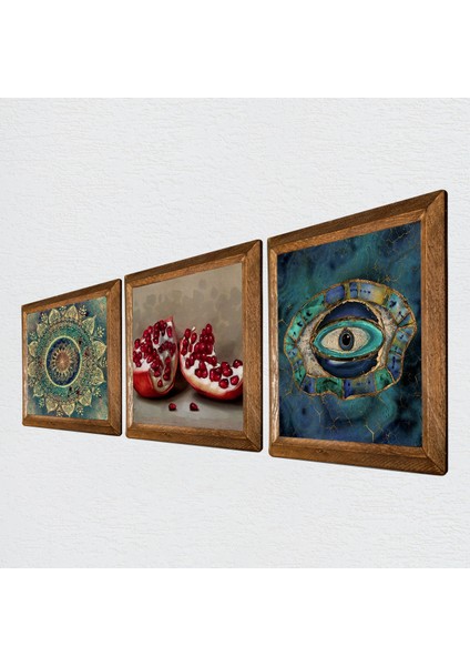 Mandala, Nazar, Nar Taş Duvar Tablosu Ahşap Çerçeveli Duvar Dekoru 3 Parça Tablo Seti Wall Art W3-1683
