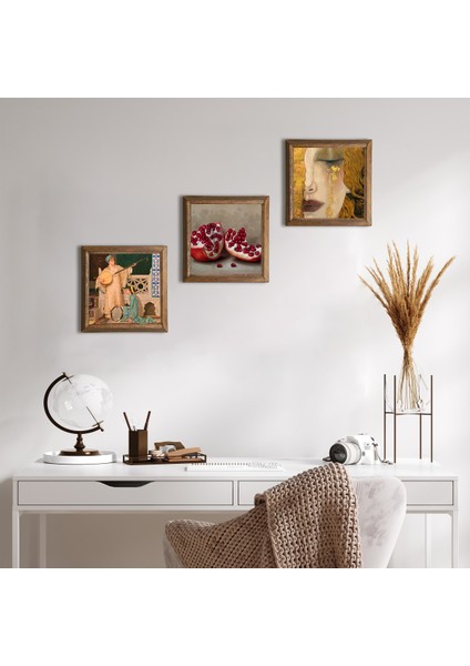 Gustav Klimt Altın Gözyaşları, İki Müzisyen Kız, Nar Taş Duvar Tablosu Ahşap Çerçeveli Duvar Dekoru 3 Parça Tablo Seti Wall Art W3-1466