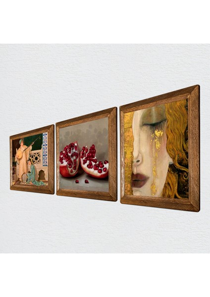 Gustav Klimt Altın Gözyaşları, İki Müzisyen Kız, Nar Taş Duvar Tablosu Ahşap Çerçeveli Duvar Dekoru 3 Parça Tablo Seti Wall Art W3-1466 fiyatları