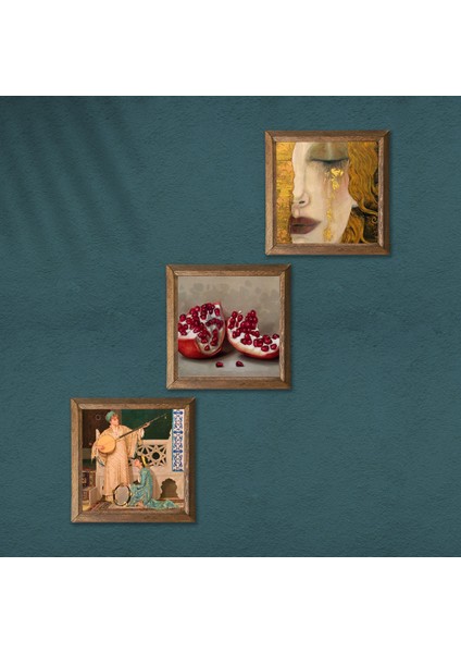 Gustav Klimt Altın Gözyaşları, İki Müzisyen Kız, Nar Taş Duvar Tablosu Ahşap Çerçeveli Duvar Dekoru 3 Parça Tablo Seti Wall Art W3-1466 modelleri