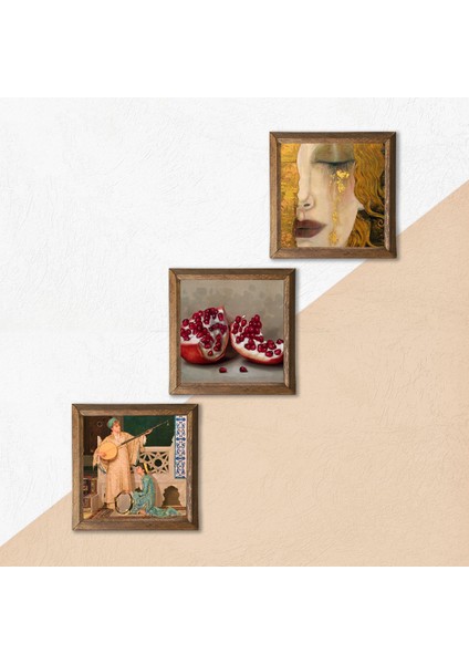 Gustav Klimt Altın Gözyaşları, İki Müzisyen Kız, Nar Taş Duvar Tablosu Ahşap Çerçeveli Duvar Dekoru 3 Parça Tablo Seti Wall Art W3-1466 indirimleri