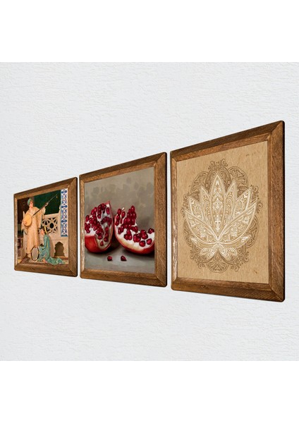 Lotus Çiçeği, İki Müzisyen Kız Tablosu, Nar Taş Duvar Tablosu Ahşap Çerçeveli Duvar Dekoru 3 Parça Tablo Seti Wall Art W3-1486