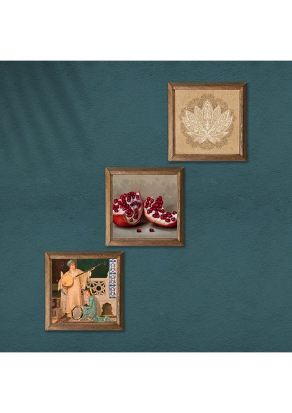 Lotus Çiçeği, İki Müzisyen Kız Tablosu, Nar Taş Duvar Tablosu Ahşap Çerçeveli Duvar Dekoru 3 Parça Tablo Seti Wall Art W3-1486