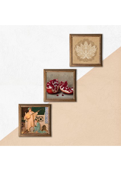 Lotus Çiçeği, İki Müzisyen Kız Tablosu, Nar Taş Duvar Tablosu Ahşap Çerçeveli Duvar Dekoru 3 Parça Tablo Seti Wall Art W3-1486