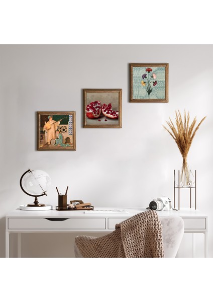 Ebru Sanatı, İki Müzisyen Kız Tablosu, Nar Taş Duvar Tablosu Ahşap Çerçeveli Duvar Dekoru 3 Parça Tablo Seti Wall Art W3-1501