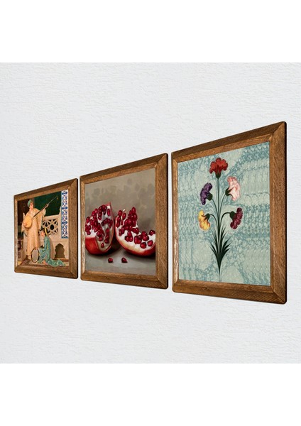 Ebru Sanatı, İki Müzisyen Kız Tablosu, Nar Taş Duvar Tablosu Ahşap Çerçeveli Duvar Dekoru 3 Parça Tablo Seti Wall Art W3-1501