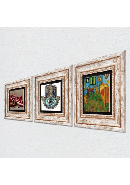 Stone Van Gogh Yatak Odası, Nar, Fatma Ana Eli (Hamsa) Çerçeveli Taş Duvar Tablosu 3’lü Set - Dekoratif Modern Sanat, Ev ve Ofis Dekoru |TK3-774| fiyatları