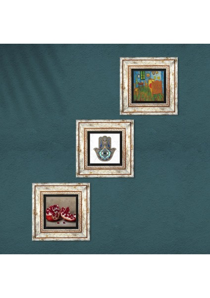 Stone Van Gogh Yatak Odası, Nar, Fatma Ana Eli (Hamsa) Çerçeveli Taş Duvar Tablosu 3’lü Set - Dekoratif Modern Sanat, Ev ve Ofis Dekoru |TK3-774| fırsatları