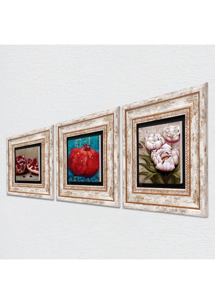 Stone Kelebekli Çiçek, Nar Çerçeveli Taş Duvar Tablosu 3’lü Set - Dekoratif Modern Sanat, Ev ve Ofis Dekoru |TK3-790| fiyatları