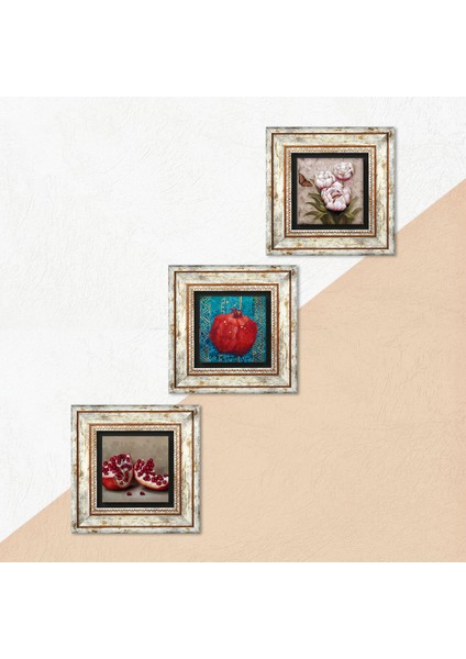 Stone Kelebekli Çiçek, Nar Çerçeveli Taş Duvar Tablosu 3’lü Set - Dekoratif Modern Sanat, Ev ve Ofis Dekoru |TK3-790| indirimleri