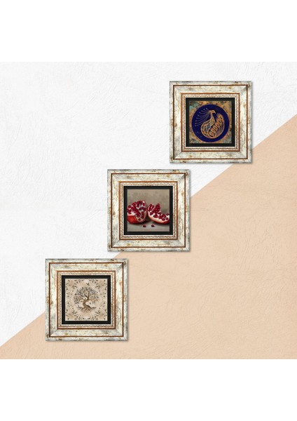 Tavus Kuşu, Hayat Ağacı, Nar Taş Duvar Tablosu Çerçeveli Duvar Dekoru 3 Parça Tablo Seti Wall Art T3-932