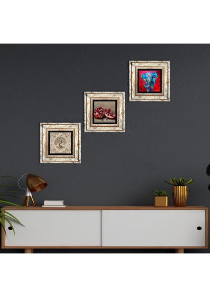 Fil, Hayat Ağacı, Nar Taş Duvar Tablosu Çerçeveli Duvar Dekoru 3 Parça Tablo Seti Wall Art T3-939