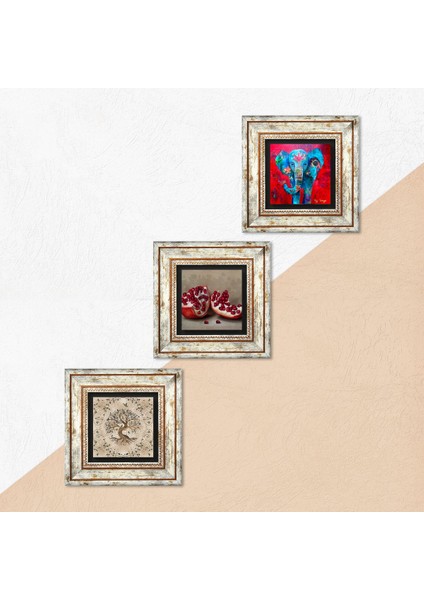 Fil, Hayat Ağacı, Nar Taş Duvar Tablosu Çerçeveli Duvar Dekoru 3 Parça Tablo Seti Wall Art T3-939 indirimleri